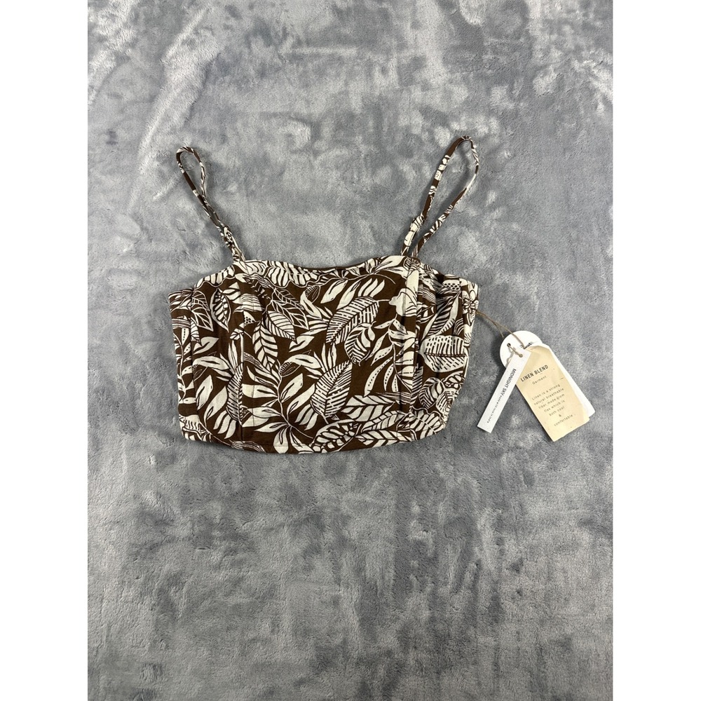 Midnight Sky Brown Tropical Leaf Print Linen Blend Smocked Crop Top Small NWT